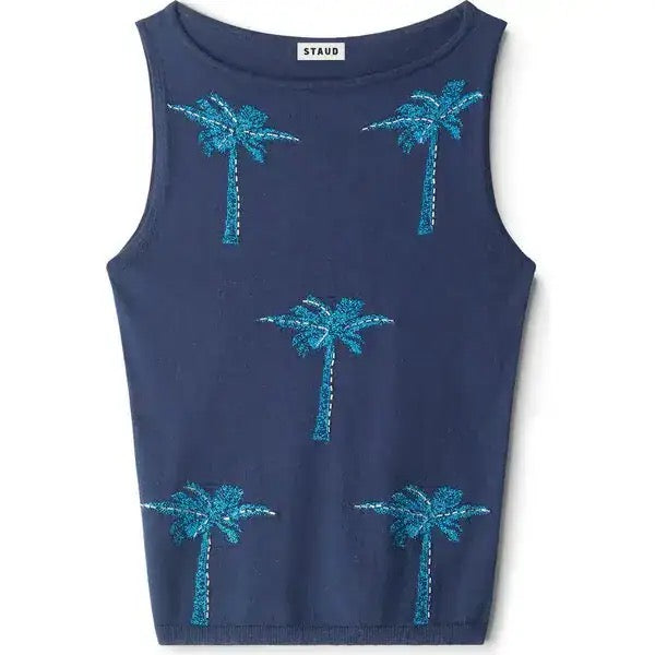 Staud - Women - Navy Arden Embroidered Palm Tree Top