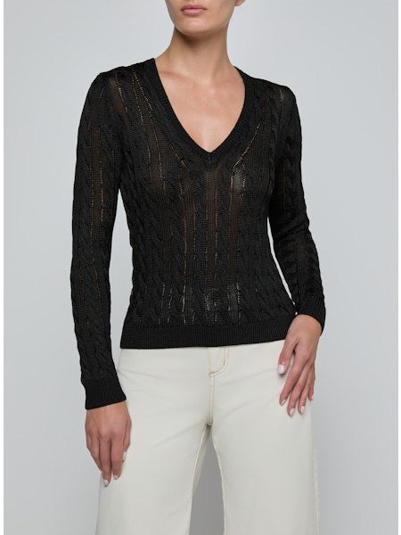 L'AGENCE - Women - Black Preston Cable V Neck Sweater