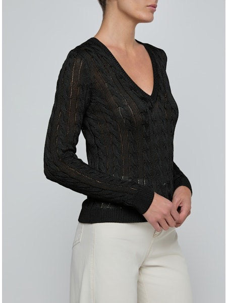 L'AGENCE - Women - Black Preston Cable V Neck Sweater
