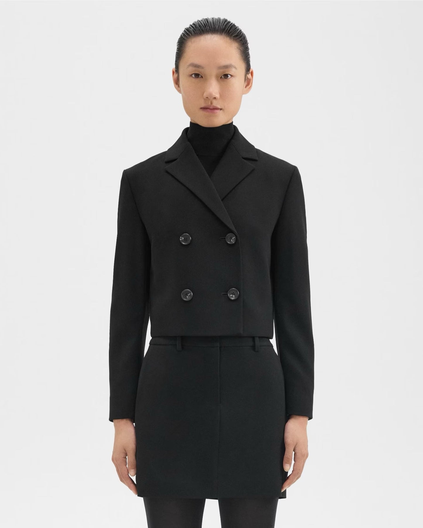 Theory - Women - Black Double-Breasted Crop Blazer in Admiral Crepe