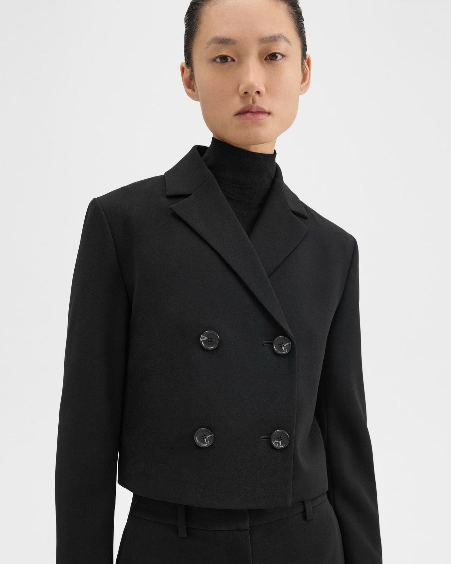 Theory - Women - Black Double-Breasted Crop Blazer in Admiral Crepe