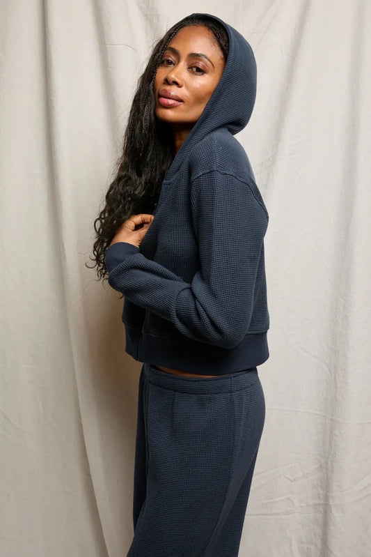 Perfect White Tee - Women- Navy Inez Waffle Relaxed  Zip Up Cropped  Hoodie