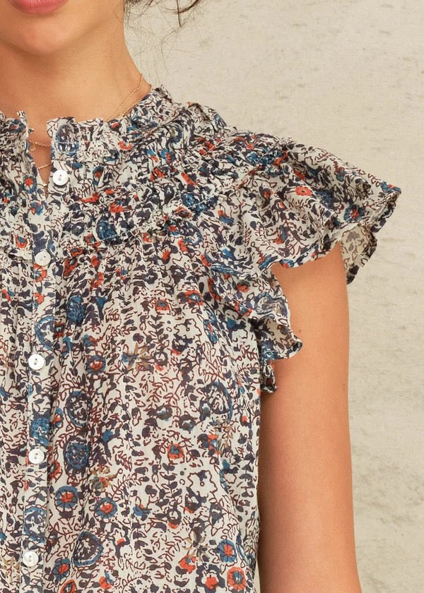 M.A.B.E.- Women - Indigo/Rust  Cass Print Frill Top