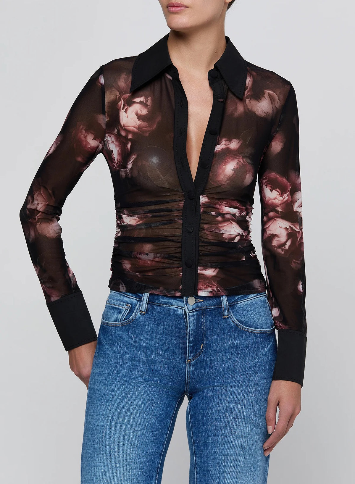 L'AGENCE - Women - Black/Mauve Sm Distressed Rose Isola Mesh Button Up