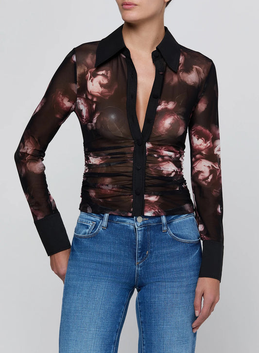 L'AGENCE - Women - Black/Mauve Sm Distressed Rose Isola Mesh Button Up