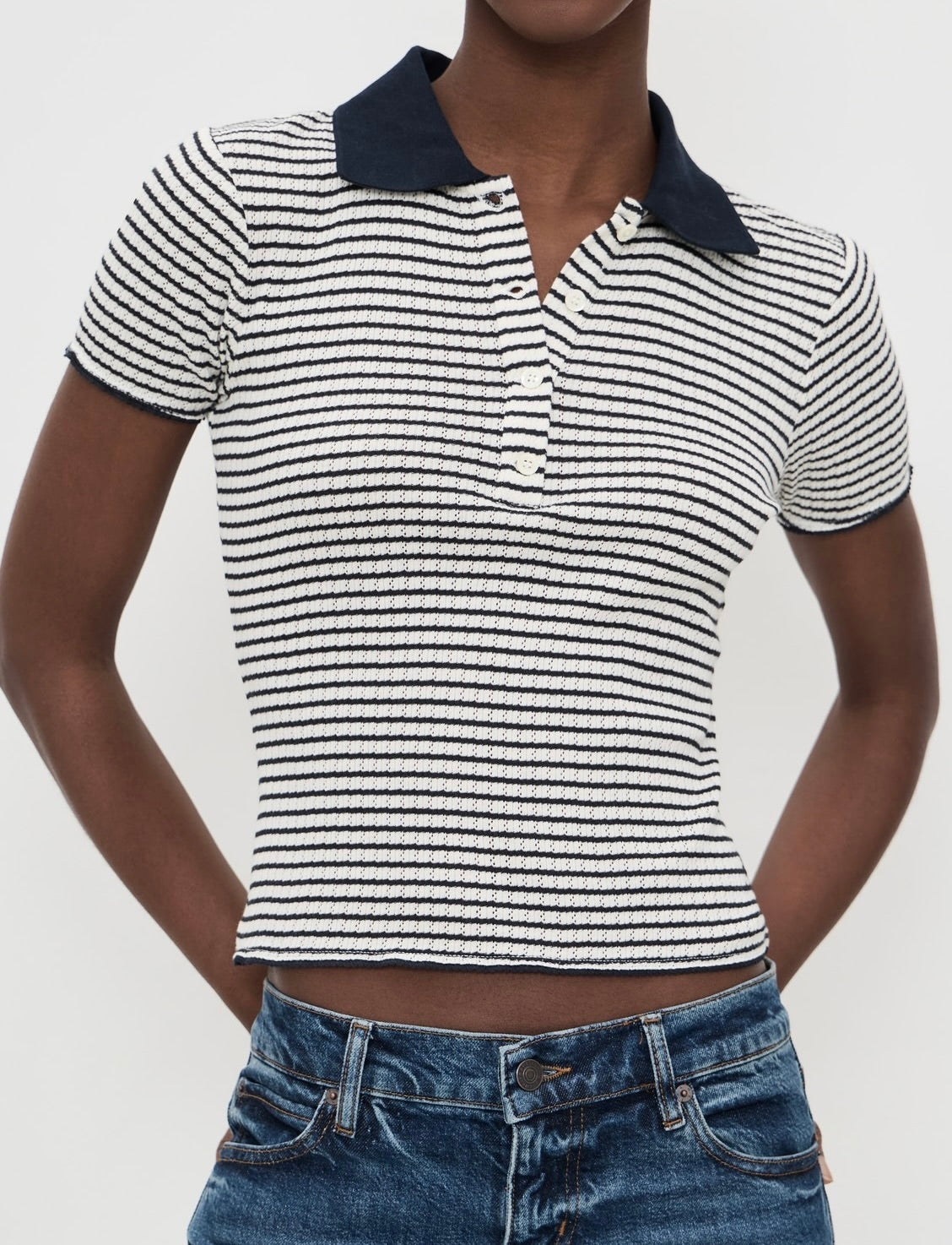 Frame Women - Navy Multi Stripe  Pointelle Polo