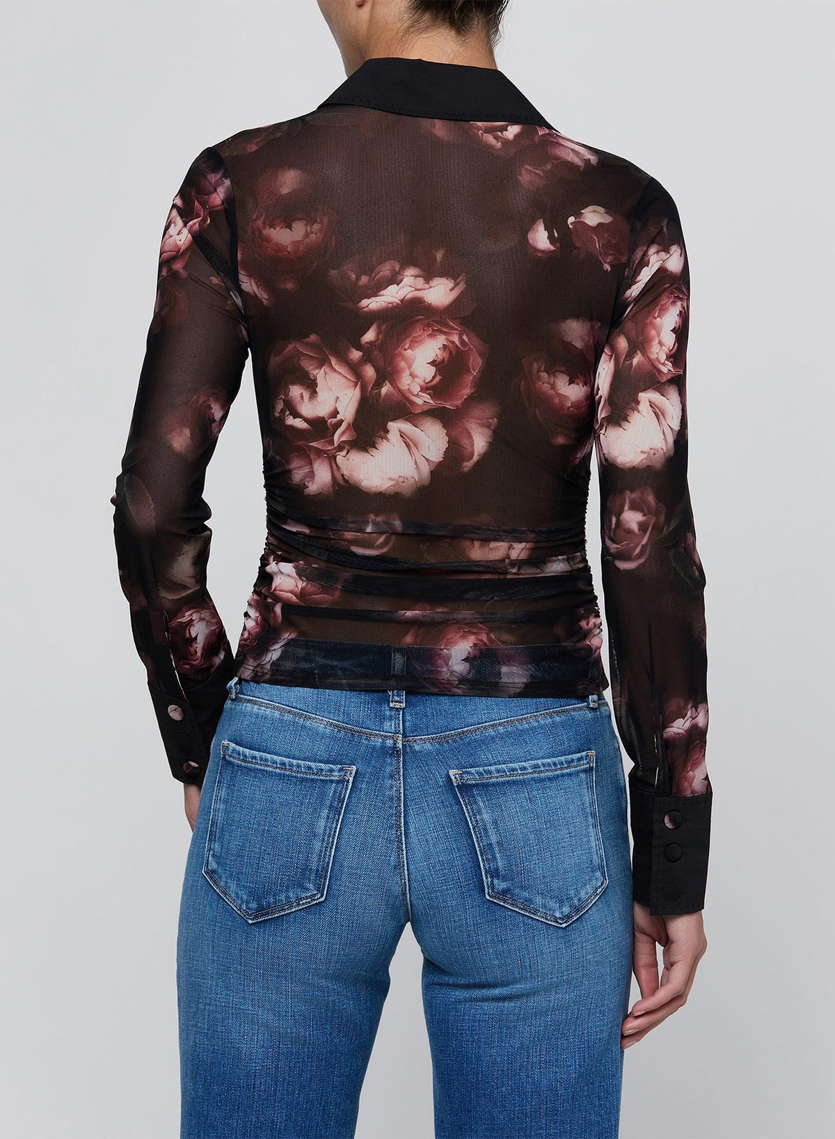 L'AGENCE - Women - Black/Mauve Sm Distressed Rose Isola Mesh Button Up