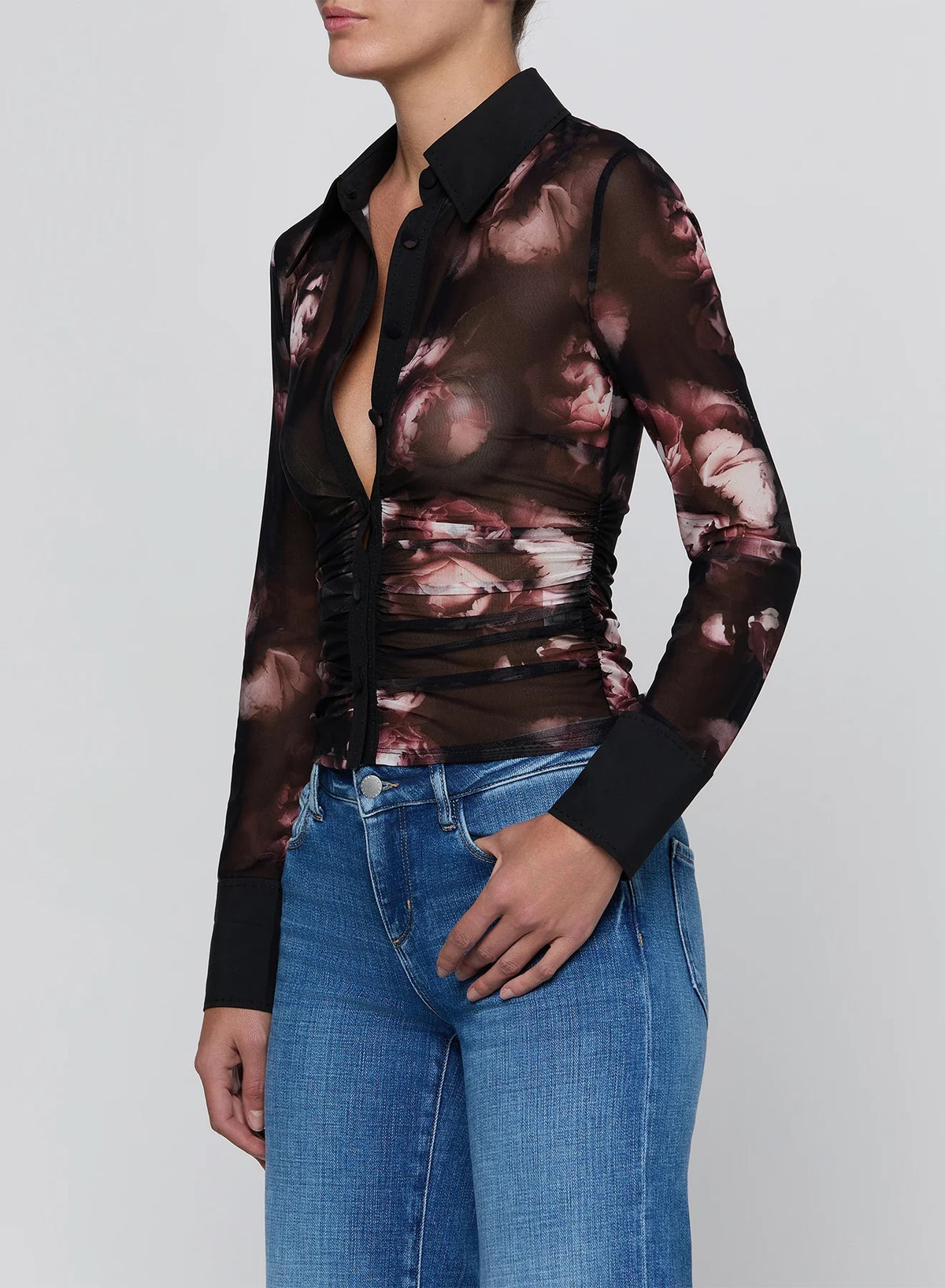 L'AGENCE - Women - Black/Mauve Sm Distressed Rose Isola Mesh Button Up
