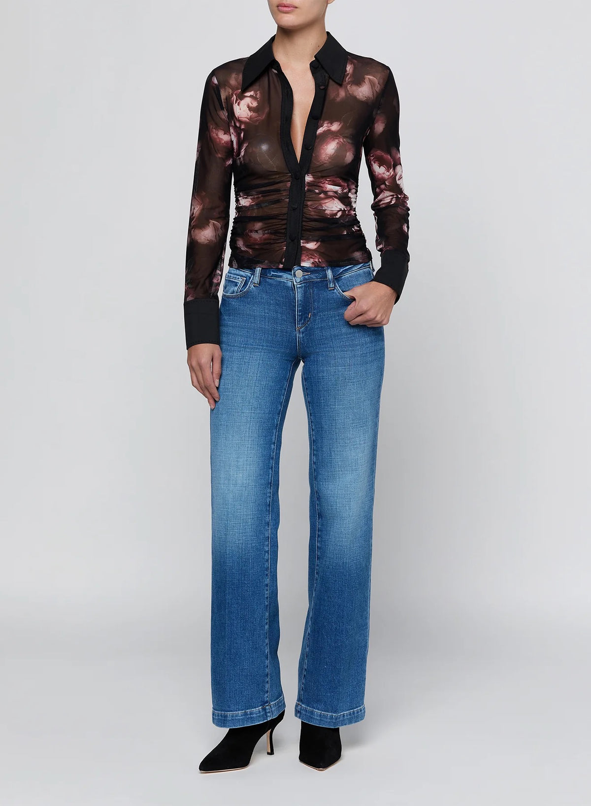 L'AGENCE - Women - Black/Mauve Sm Distressed Rose Isola Mesh Button Up