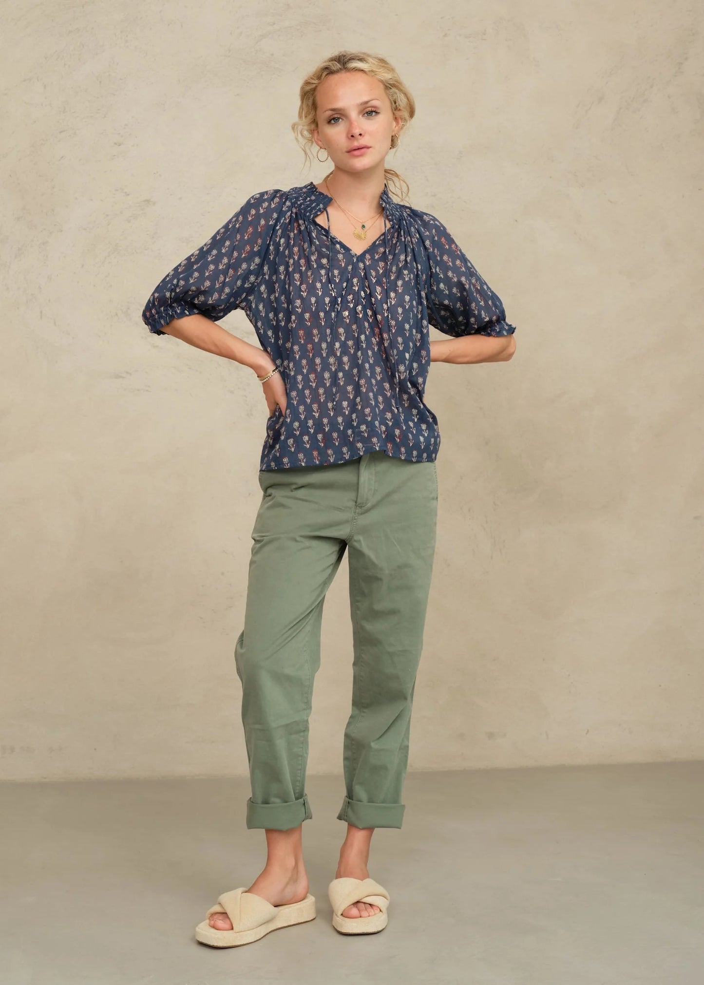 M.A.B.E. - Women Indigo Ari Print Short Sleeve Top