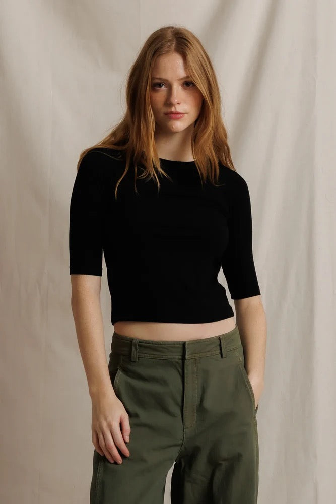 Perfect White Tee - Women - Black Amelia Luxe Rib Elbow Sleeve Raglan