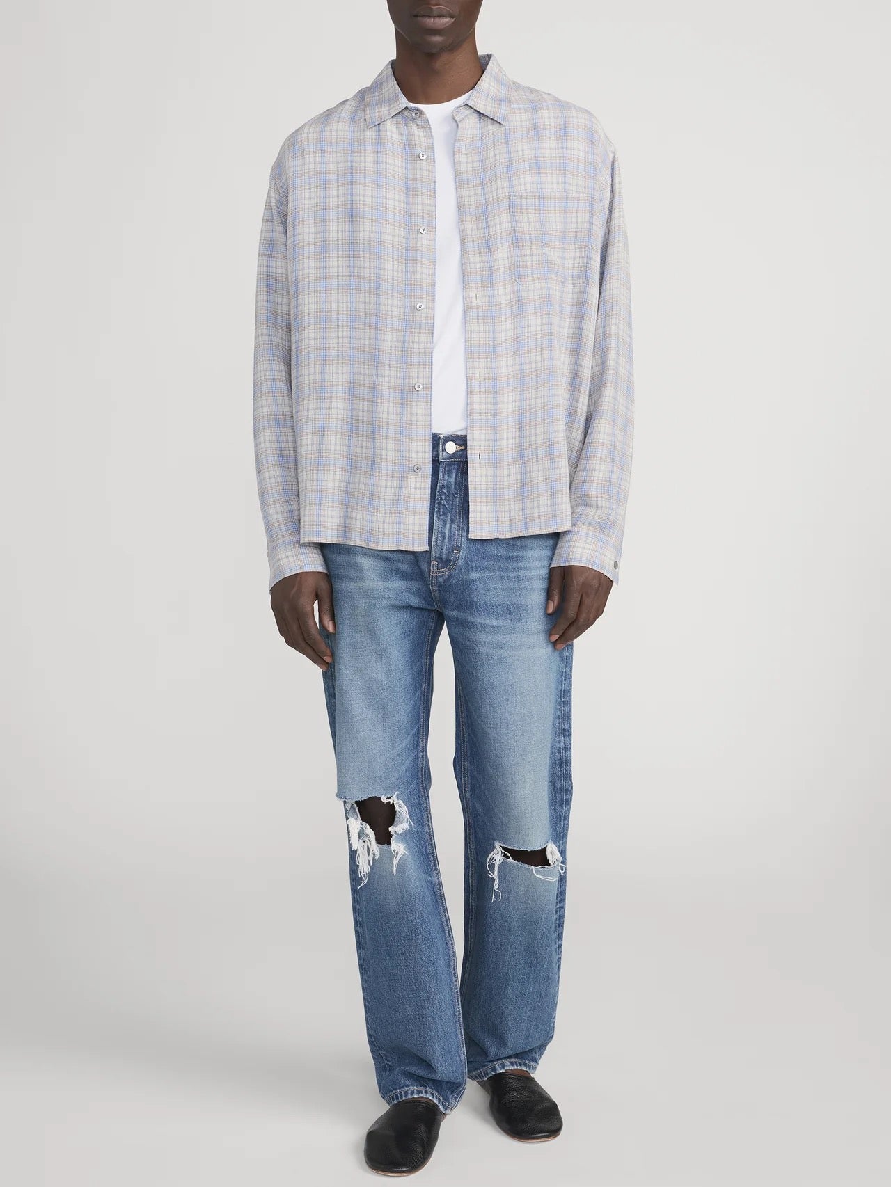 Frame - Men - Cream/Blue Linen Blend Plaid Shirt