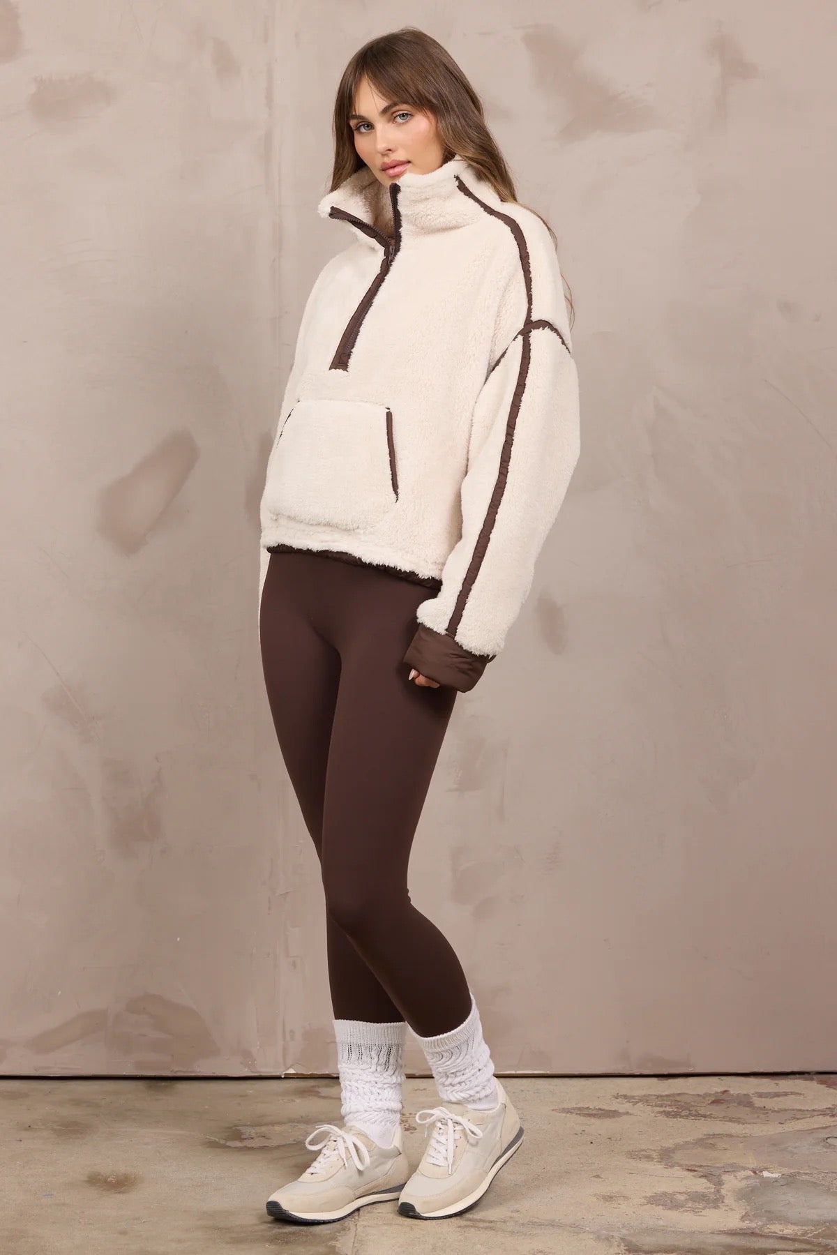 Vintage Havana - Women - Light Beige/Brown Sherpa Quarter Zip w/ Contrast Binding