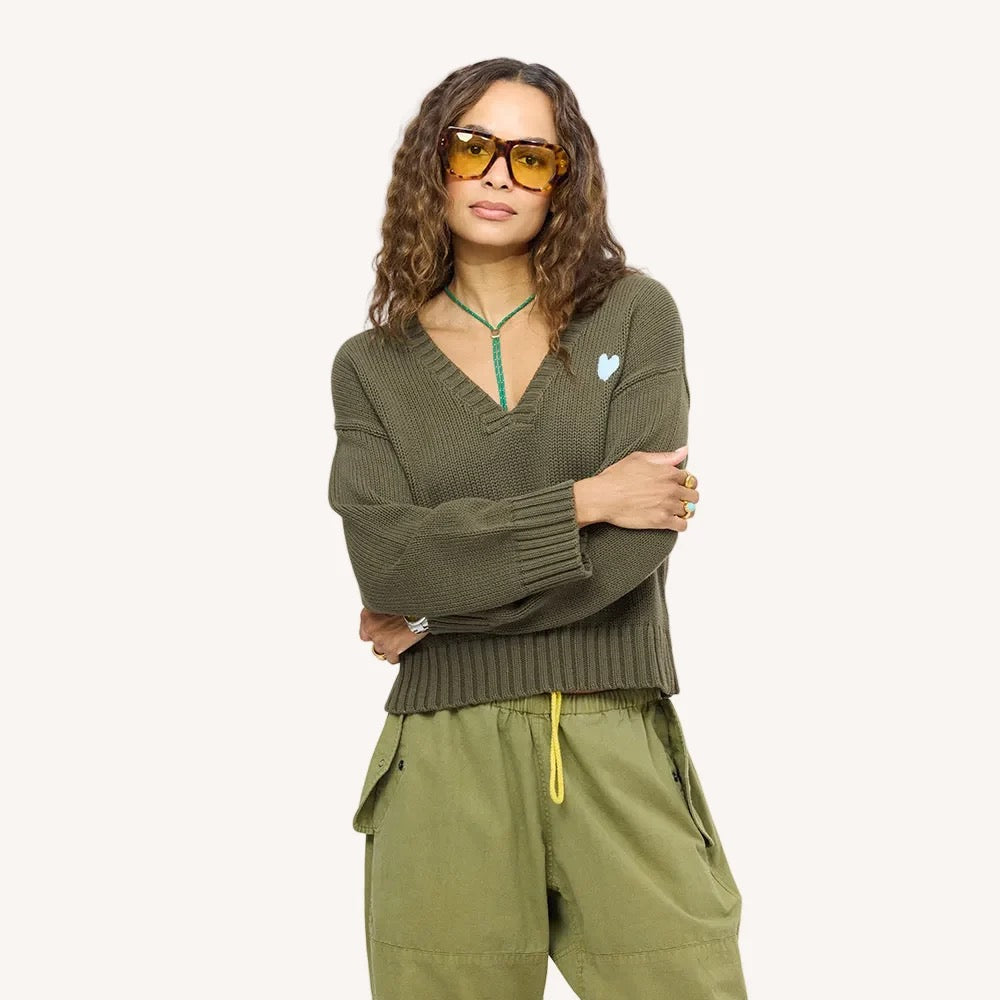 Kerri Rosenthal - Women -  Army Green Saturday V Neck Sweater