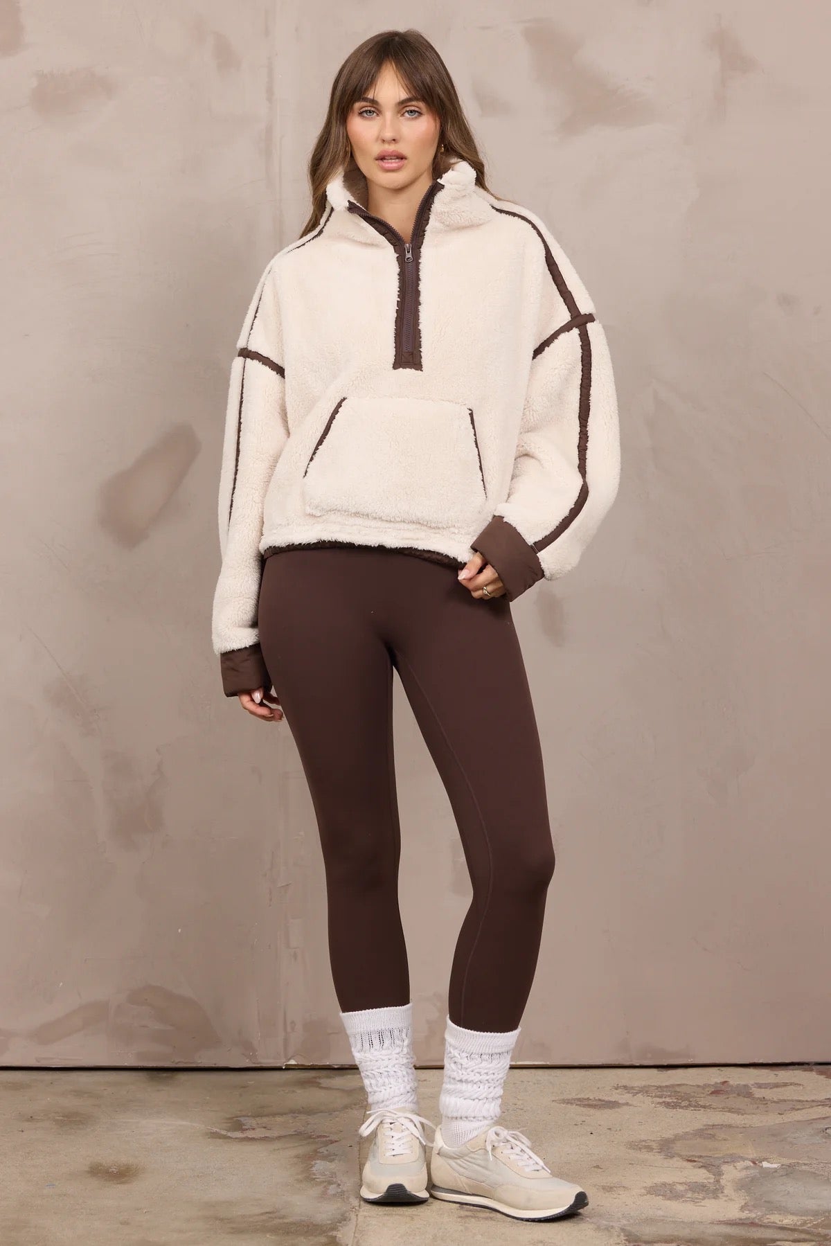 Vintage Havana - Women - Light Beige/Brown Sherpa Quarter Zip w/ Contrast Binding