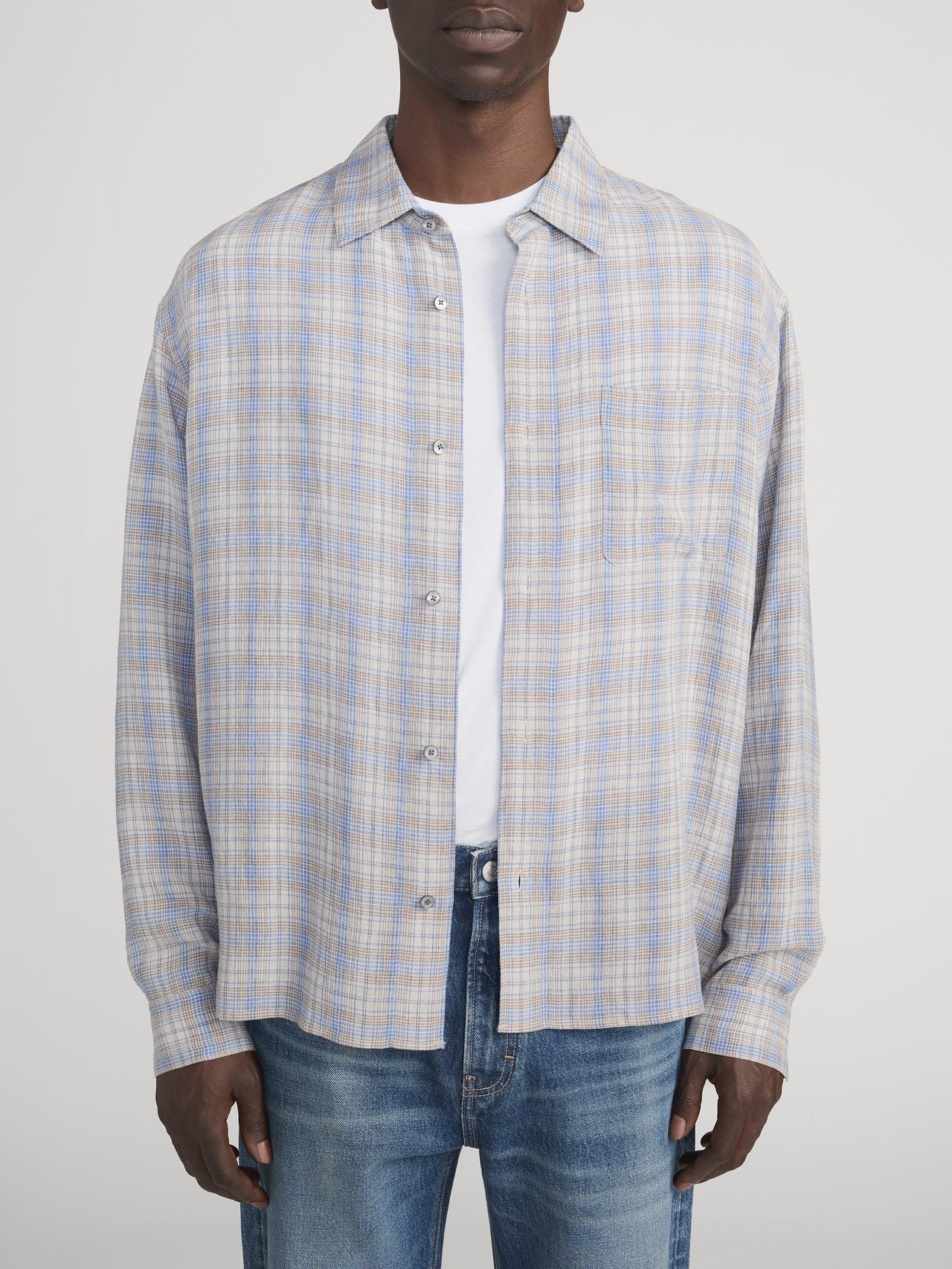 Frame - Men - Cream/Blue Linen Blend Plaid Shirt