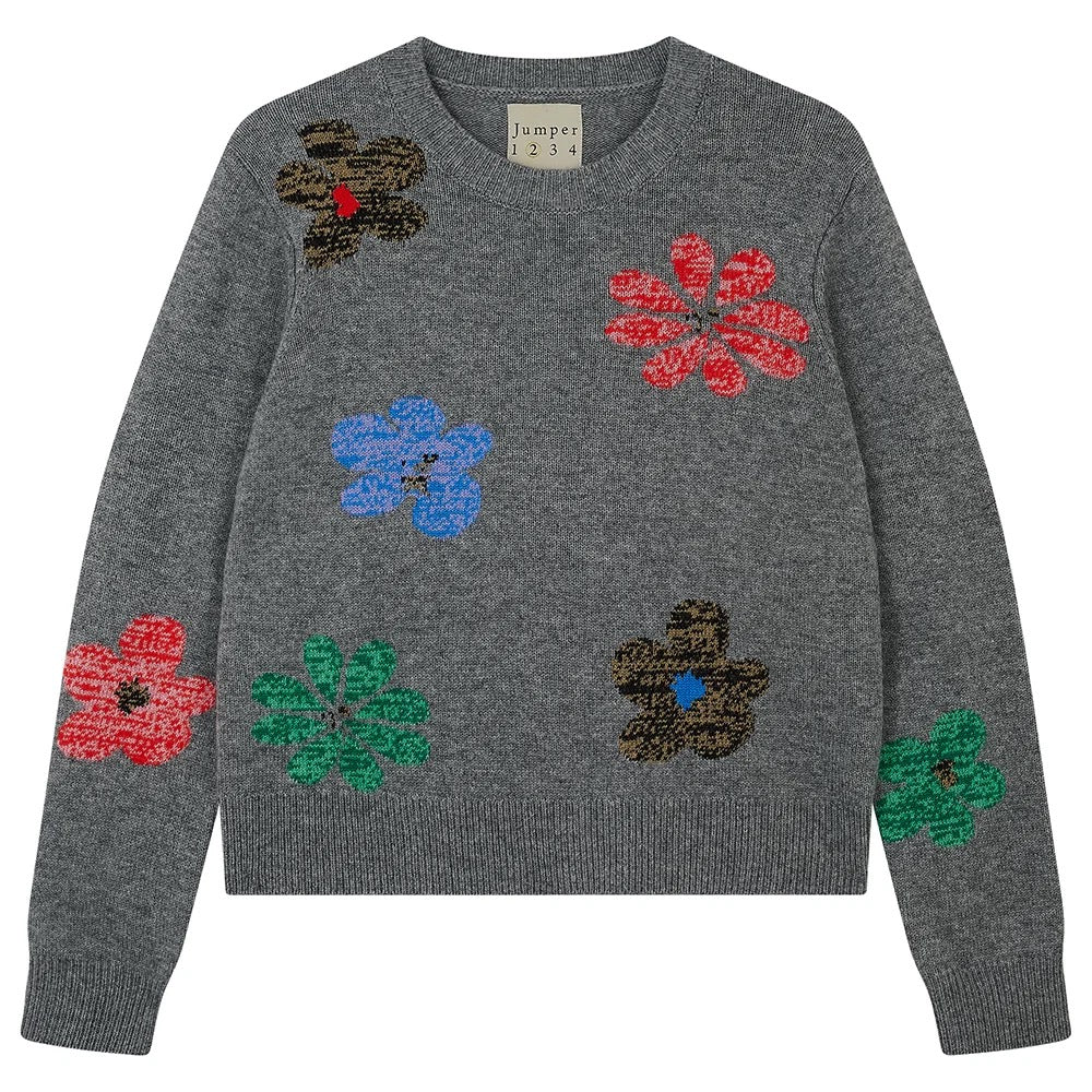 Jumper 1234 - Women -  Mid Grey Twisted Floral Cashmere Wool Crew
