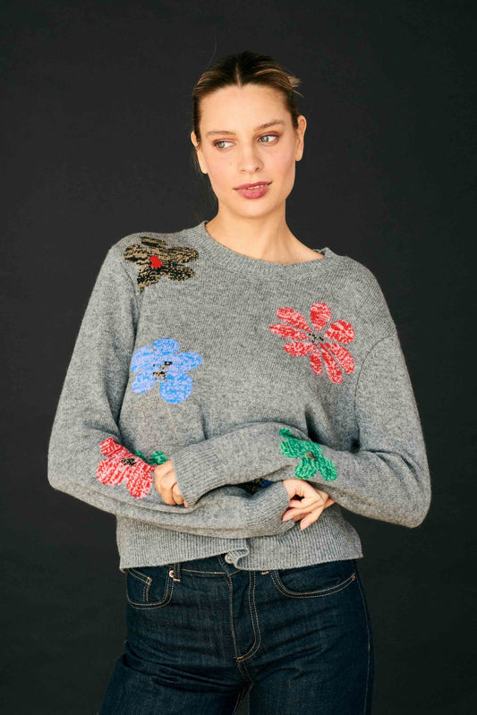 Jumper 1234 - Women -  Mid Grey Twisted Floral Cashmere Wool Crew