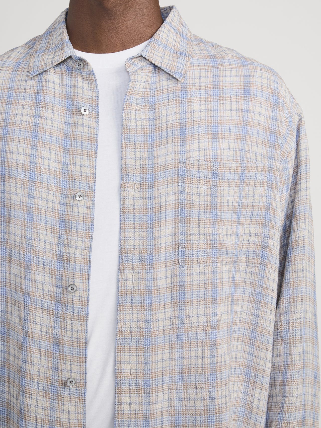 Frame - Men - Cream/Blue Linen Blend Plaid Shirt