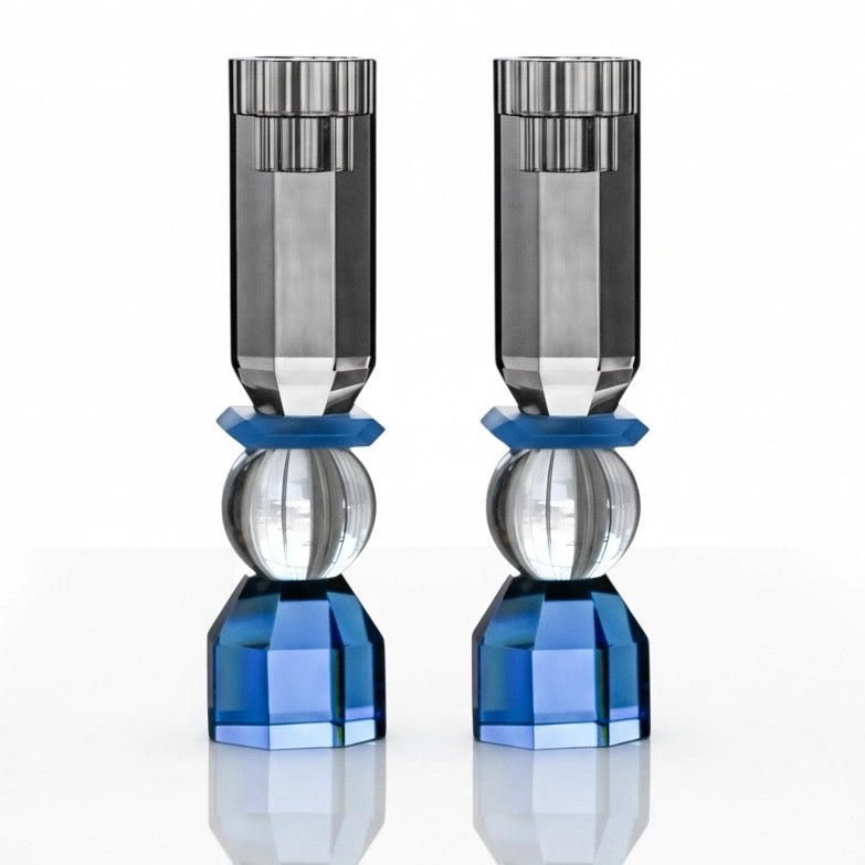 Cobalt/ Smoke Modern Cut Tall Candle Sticks