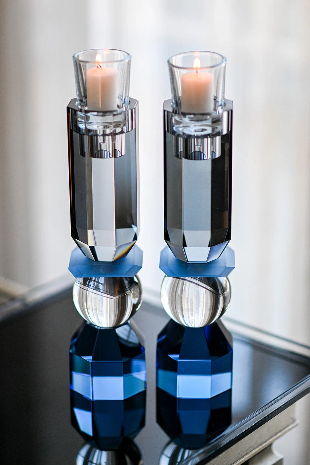Cobalt/ Smoke Modern Cut Tall Candle Sticks