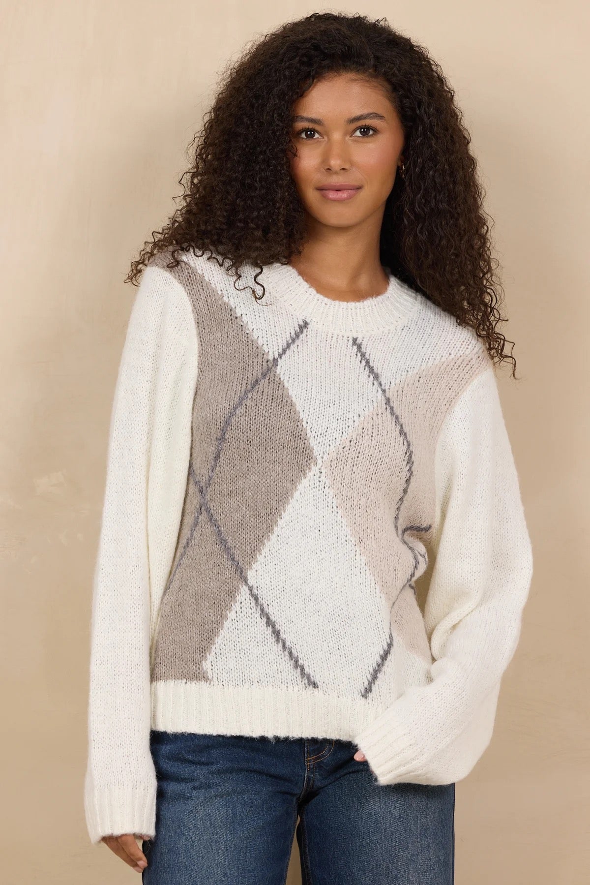 Vintage Havana - Women - Neutrals Argyle Intarsia Crew Sweater