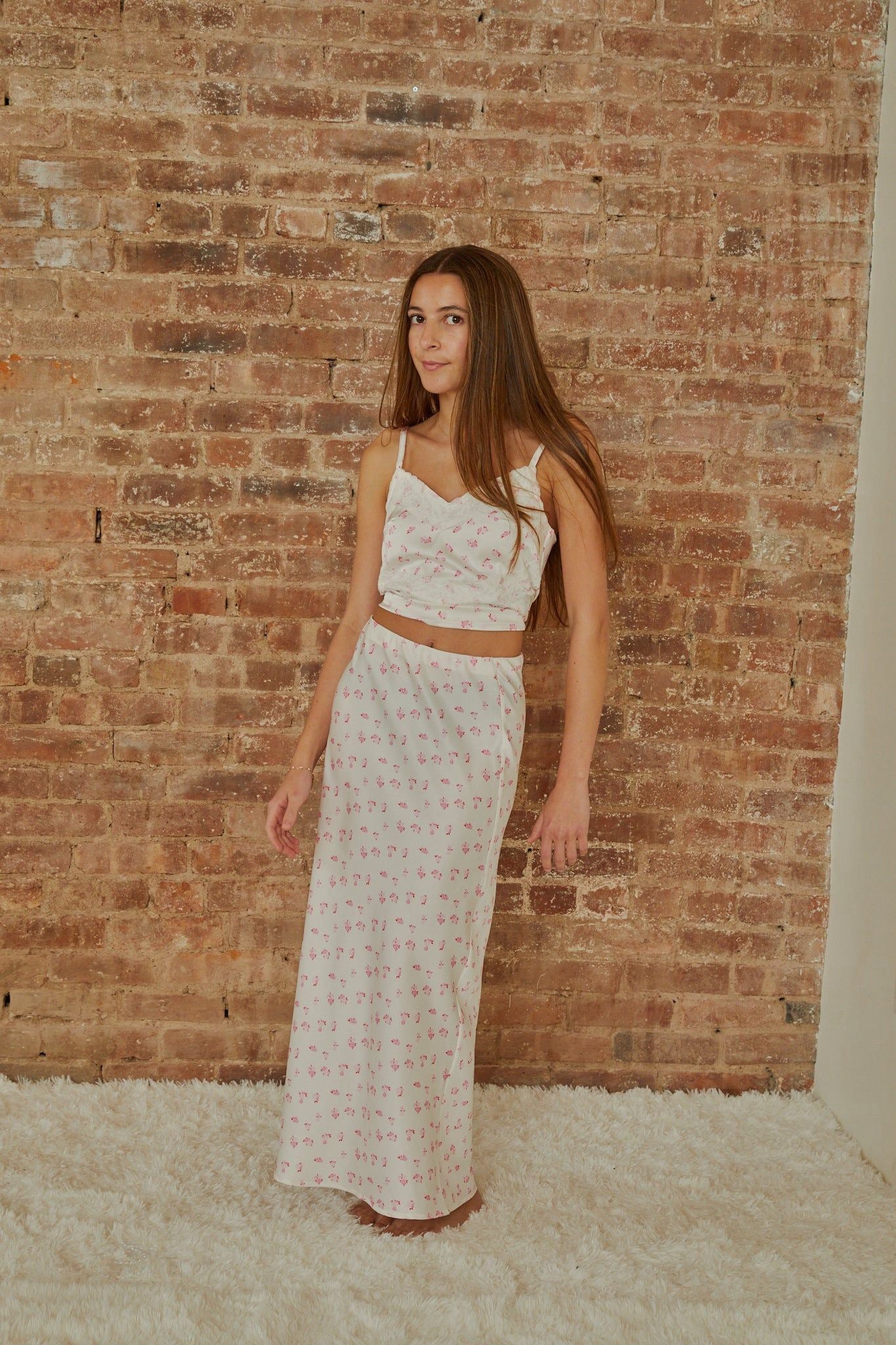Theme NYC  - Tween - White Joey Pastel Pink Ditsy Satin Maxi Skirt