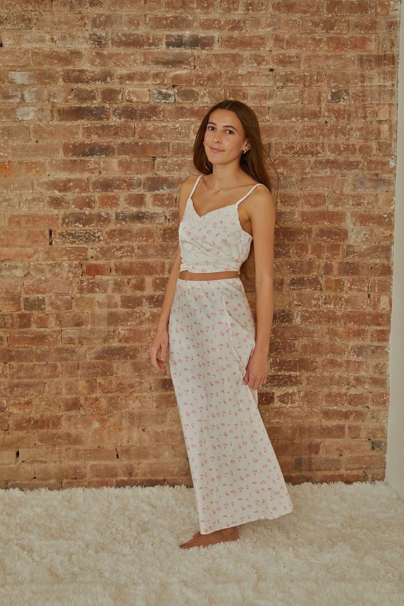 Theme NYC  - Tween - White Joey Pastel Pink Ditsy Satin Maxi Skirt