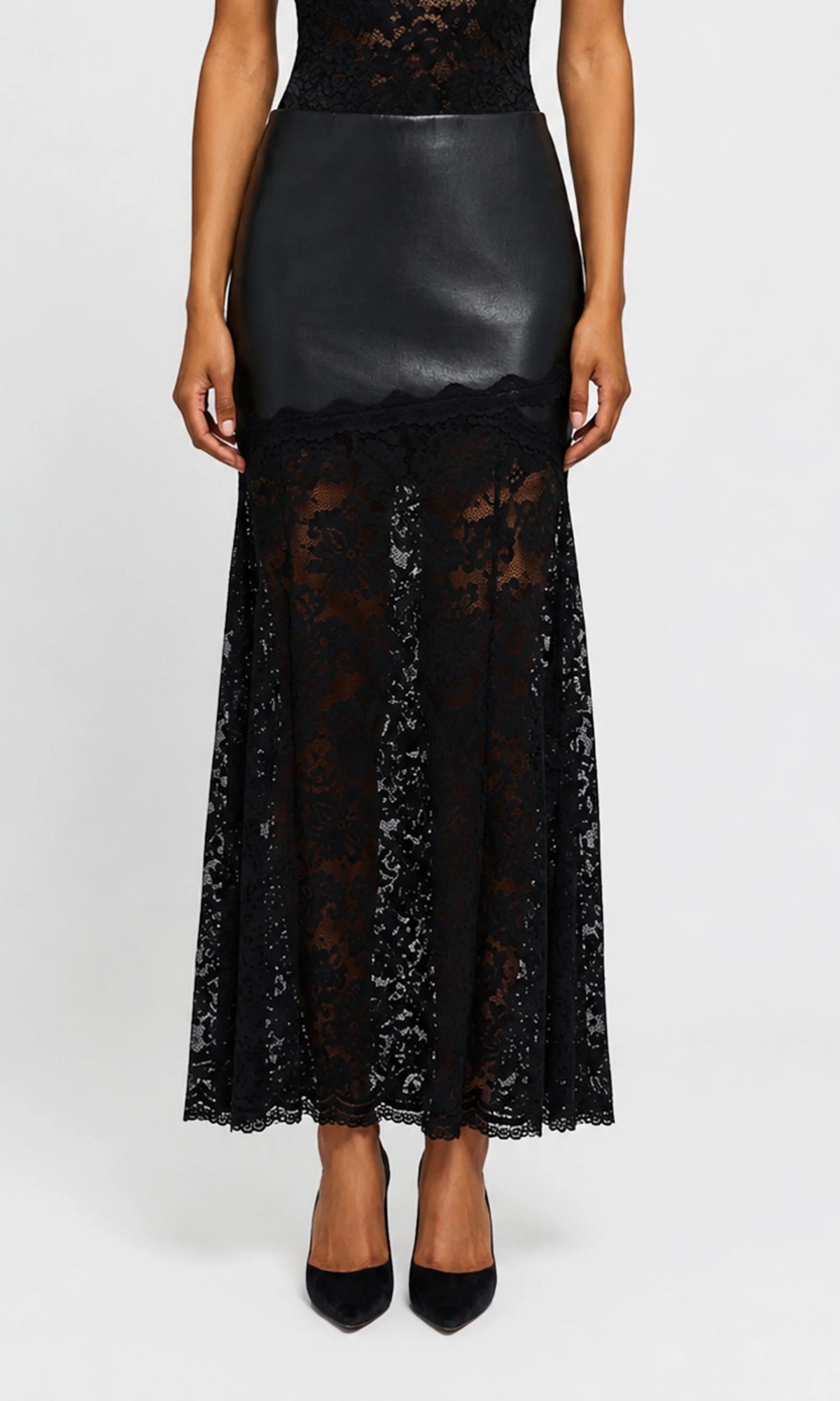 Generation Love - Women - Black Perrine Lace Combo Vegan Leather Skirt