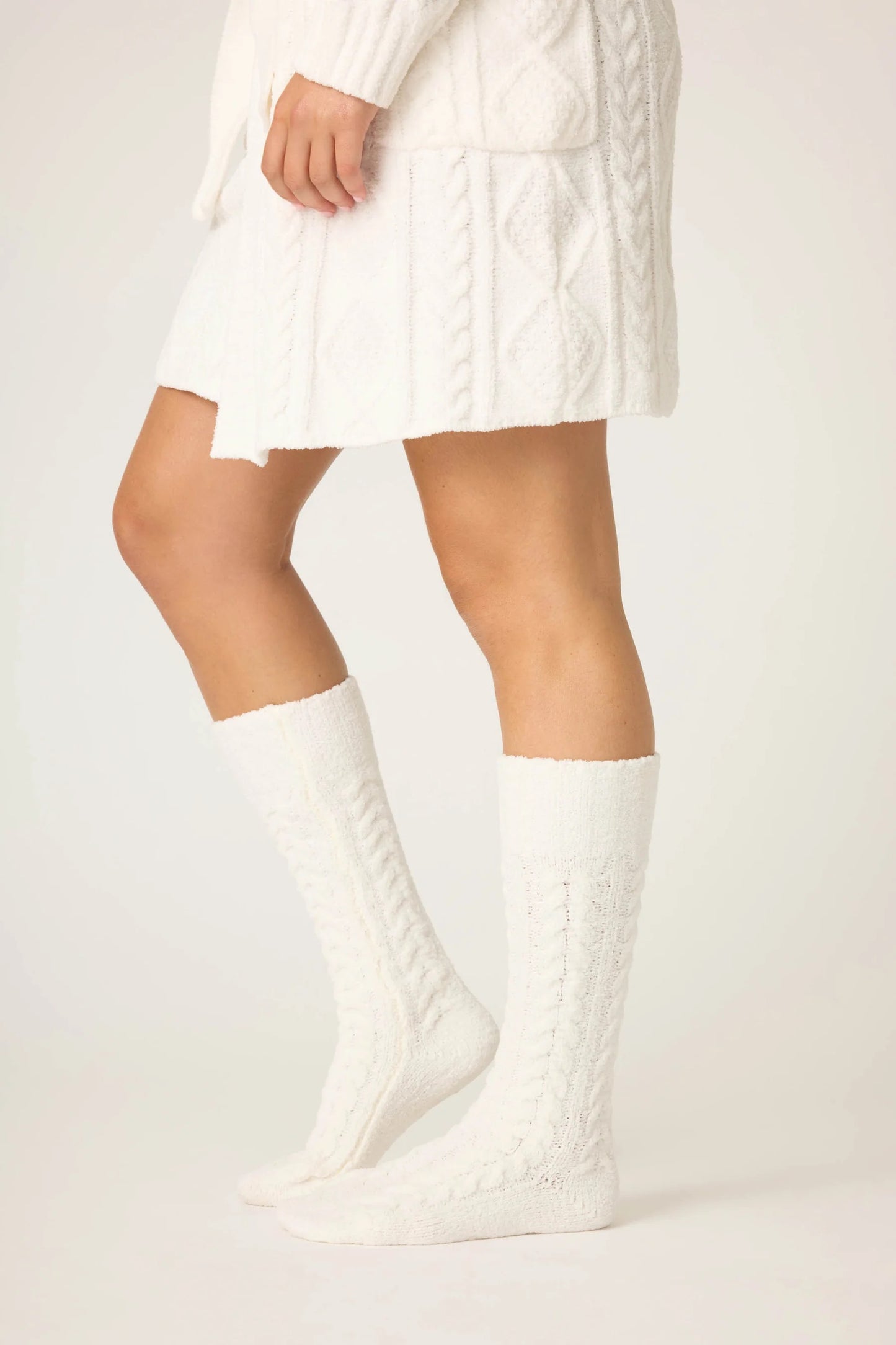 PJ Salvage - women-Ivory Chenille Cable Knit Mid-Calf Socks