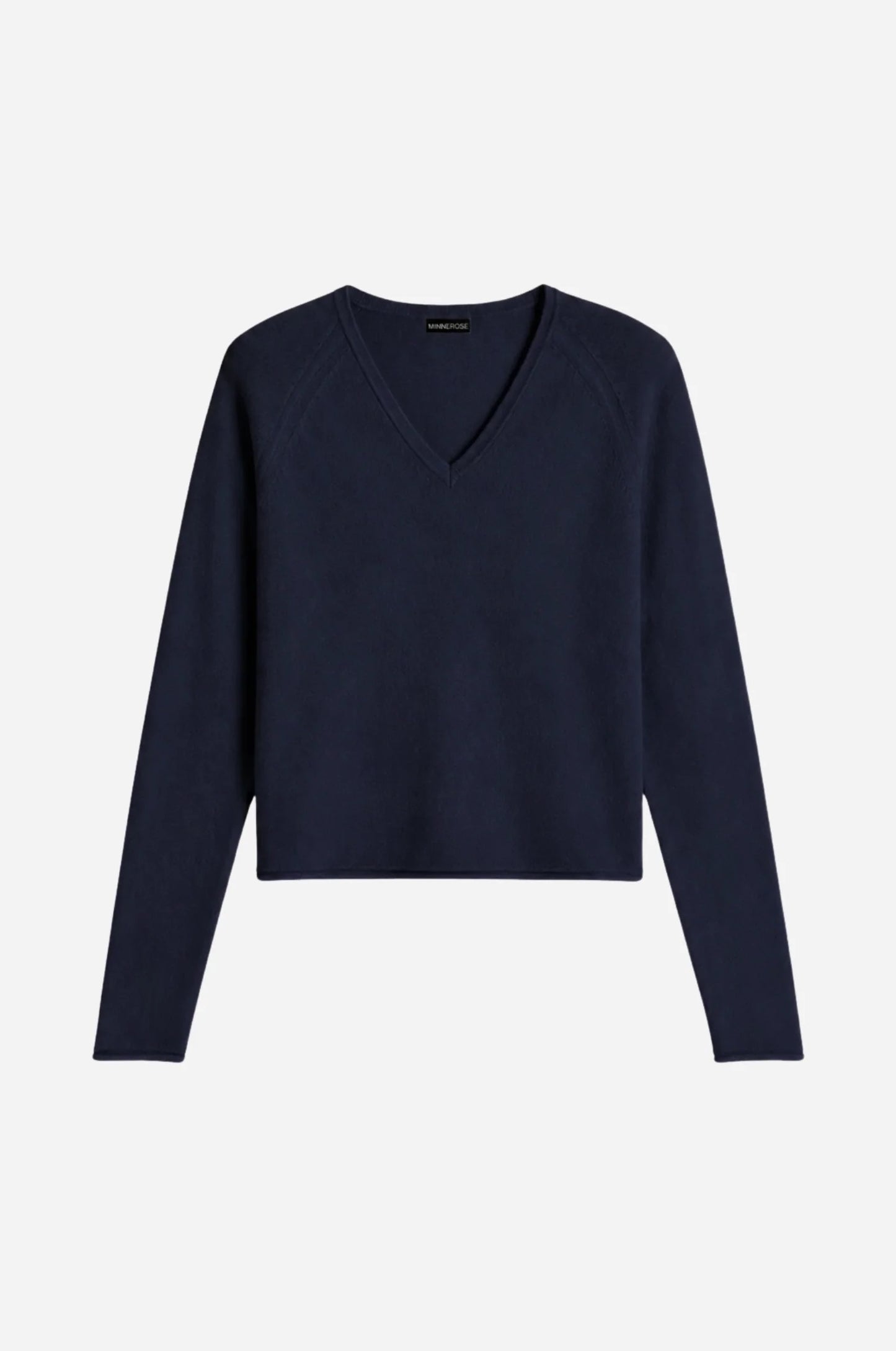 Minnie Rose - Women - Navy Sheer Luxury V-Neck Sweater With Rolled Trim