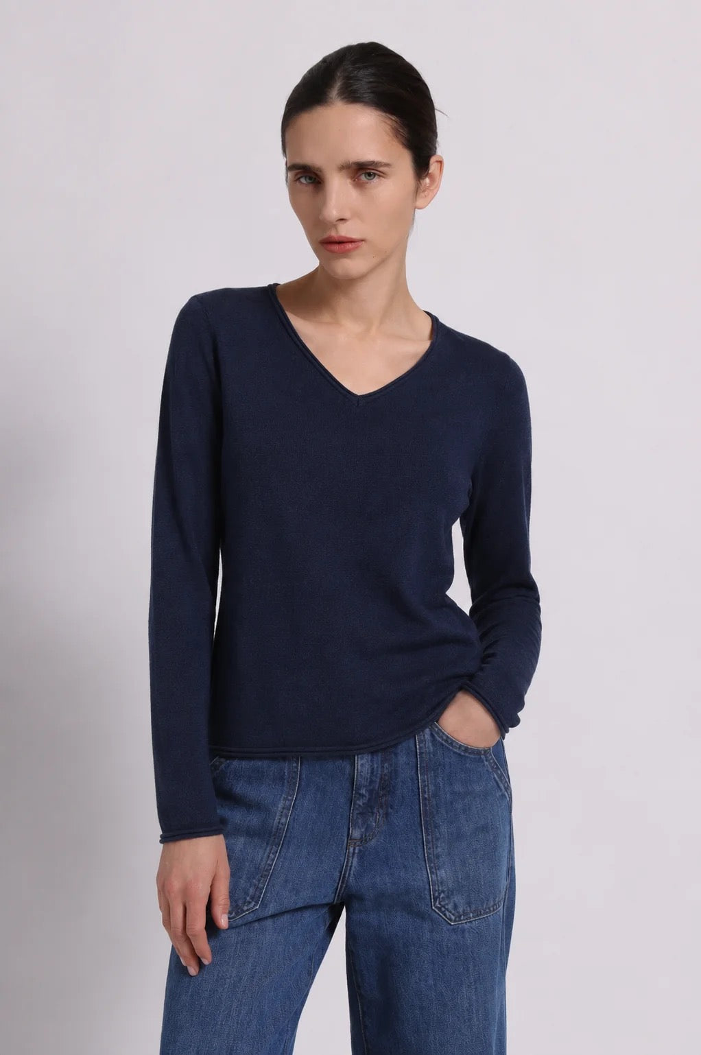 Minnie Rose - Women - Navy Sheer Luxury V-Neck Sweater With Rolled Trim