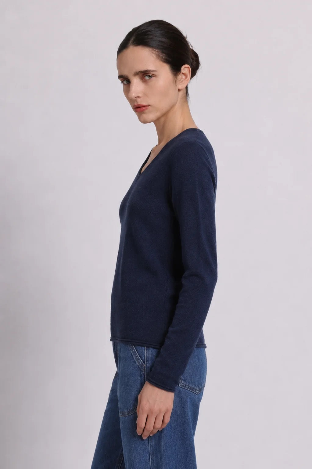 Minnie Rose - Women - Navy Sheer Luxury V-Neck Sweater With Rolled Trim