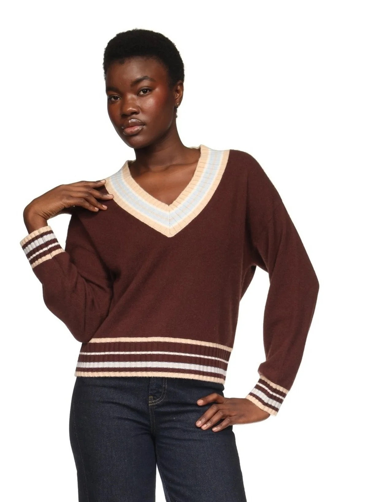 Brodie Cashmere - Women - Cocoa Stitchy Trim V Sweater