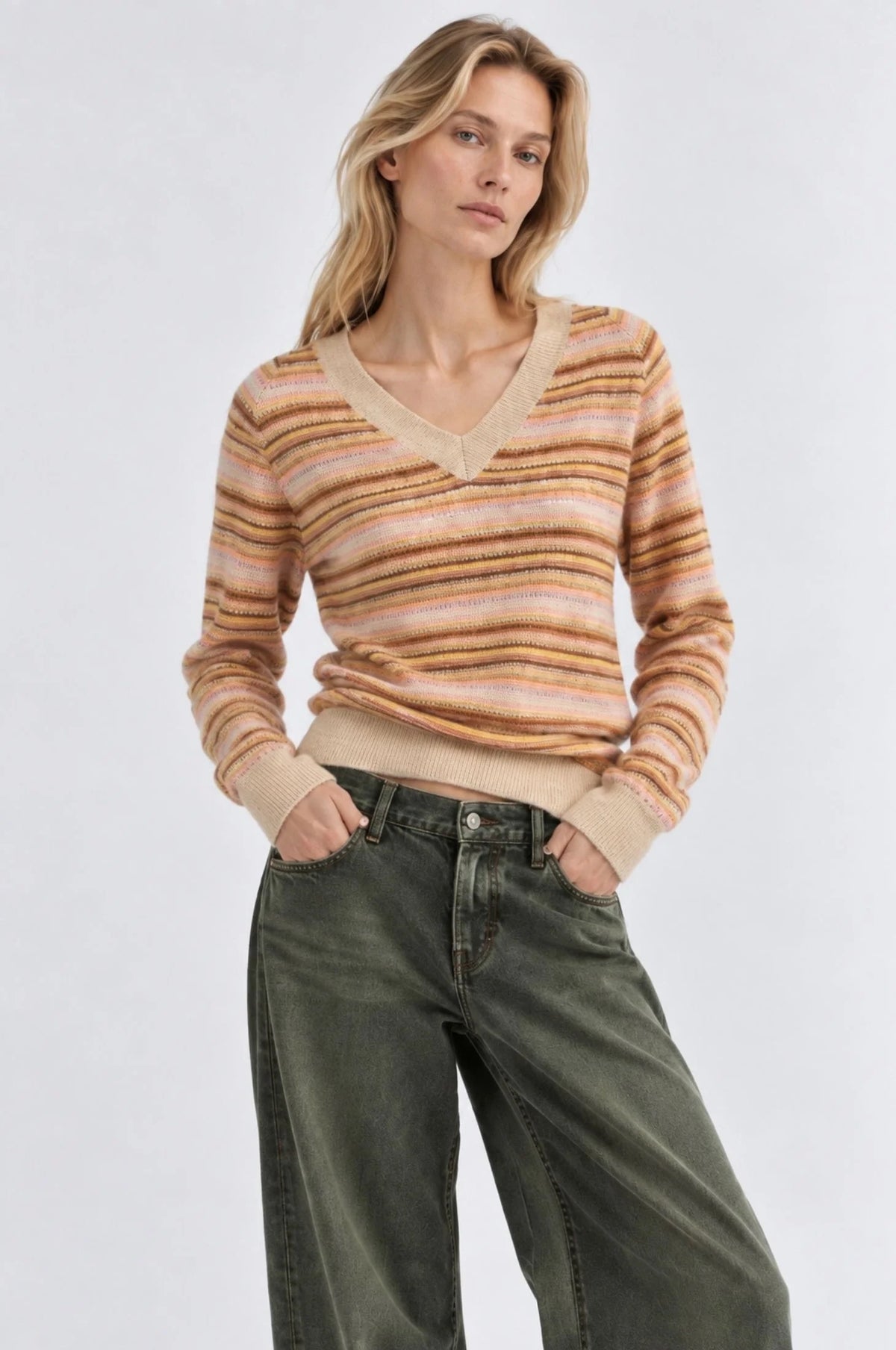Minnie Rose - Women - Warm Multi Striped Long Sleeve Raglan V Neck
