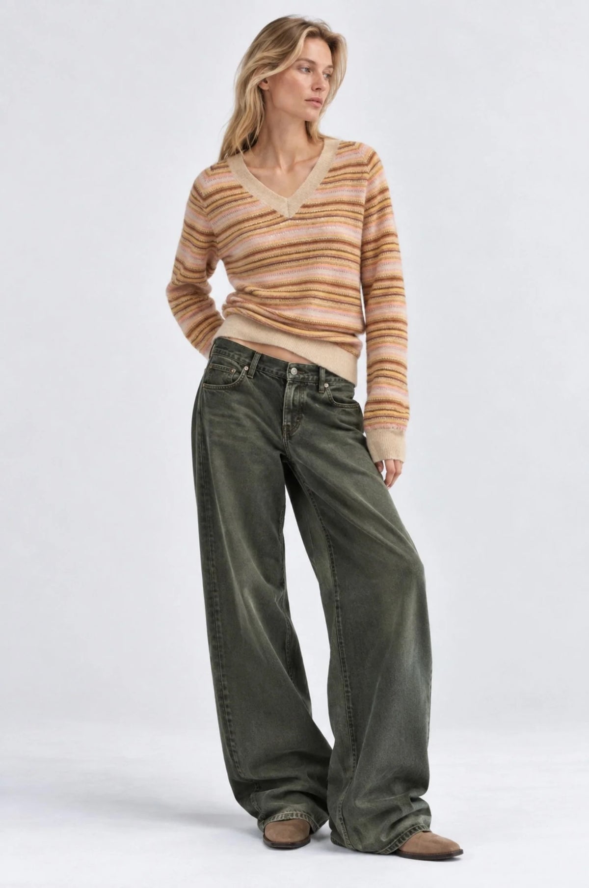 Minnie Rose - Women - Warm Multi Striped Long Sleeve Raglan V Neck