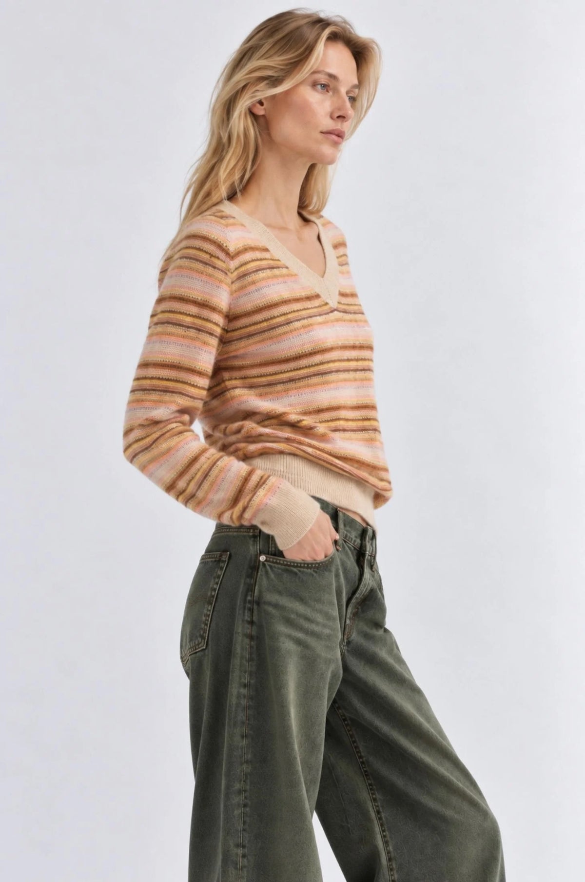 Minnie Rose - Women - Warm Multi Striped Long Sleeve Raglan V Neck