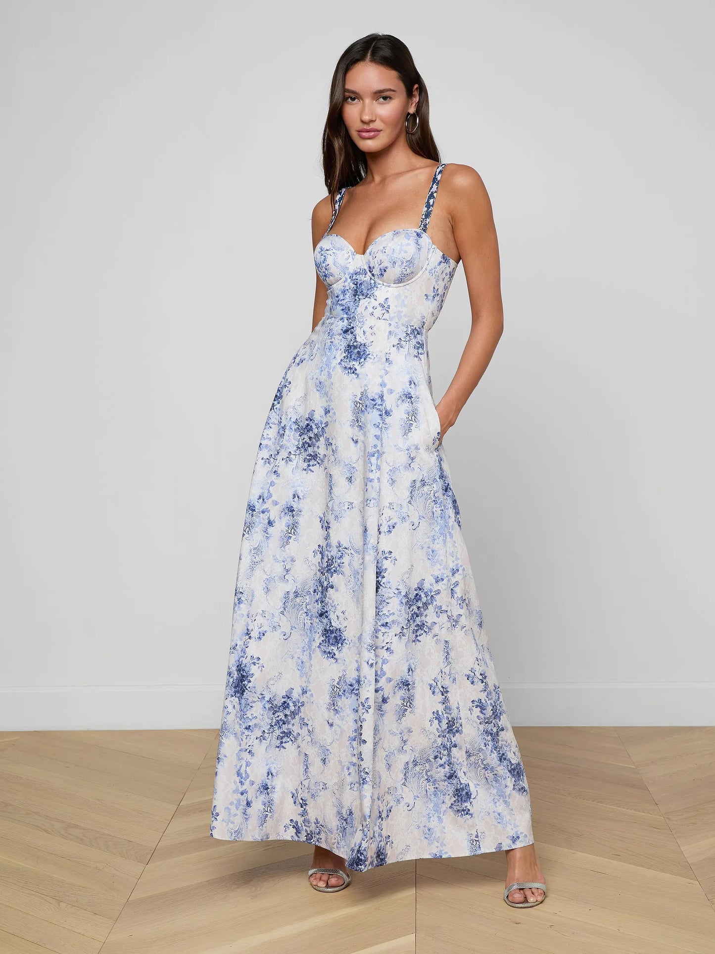 L'AGNCE - Women - Ivory/Blue Watercolor Lace Paisley Sutton Beaded Strap Gown