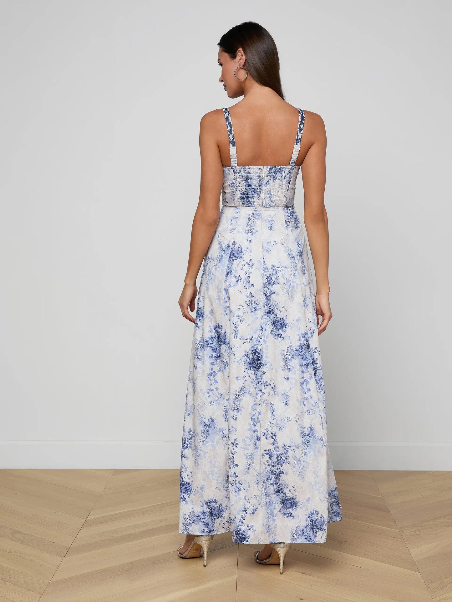 L'AGNCE - Women - Ivory/Blue Watercolor Lace Paisley Sutton Beaded Strap Gown