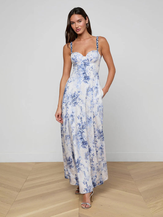 L'AGNCE - Women - Ivory/Blue Watercolor Lace Paisley Sutton Beaded Strap Gown