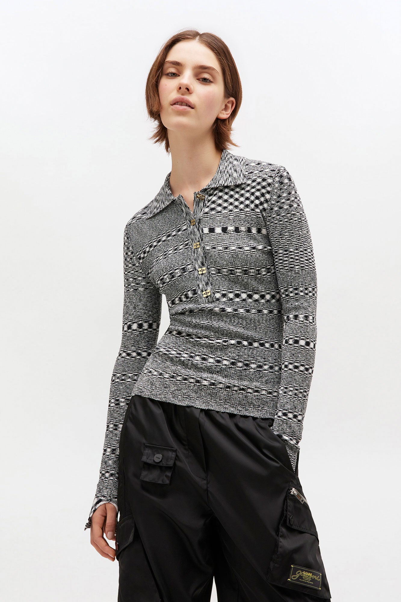 Ganni - Women - Grey Spacedyed Knitted Polo Shirt