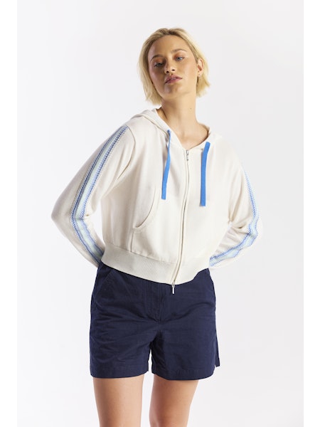 Wispr by Brodie Cashmere - Women - Ivory Geo Sleeve Cropped Hoodie