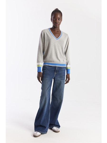 Wispr by Brodie Cashmere - Women -Grey Stripe Varsity V Neck Sweater