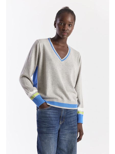 Wispr by Brodie Cashmere - Women -Grey Stripe Varsity V Neck Sweater