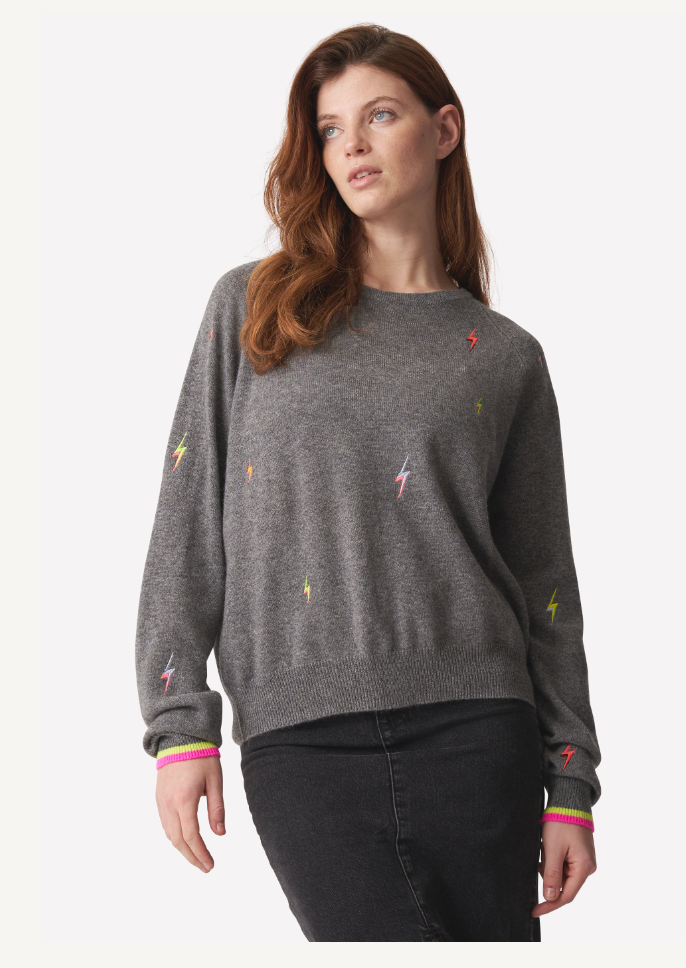Brodie Cashmere - Women - Mid Grey/Embroidered Neon Lightning Bolt Mini Sweat