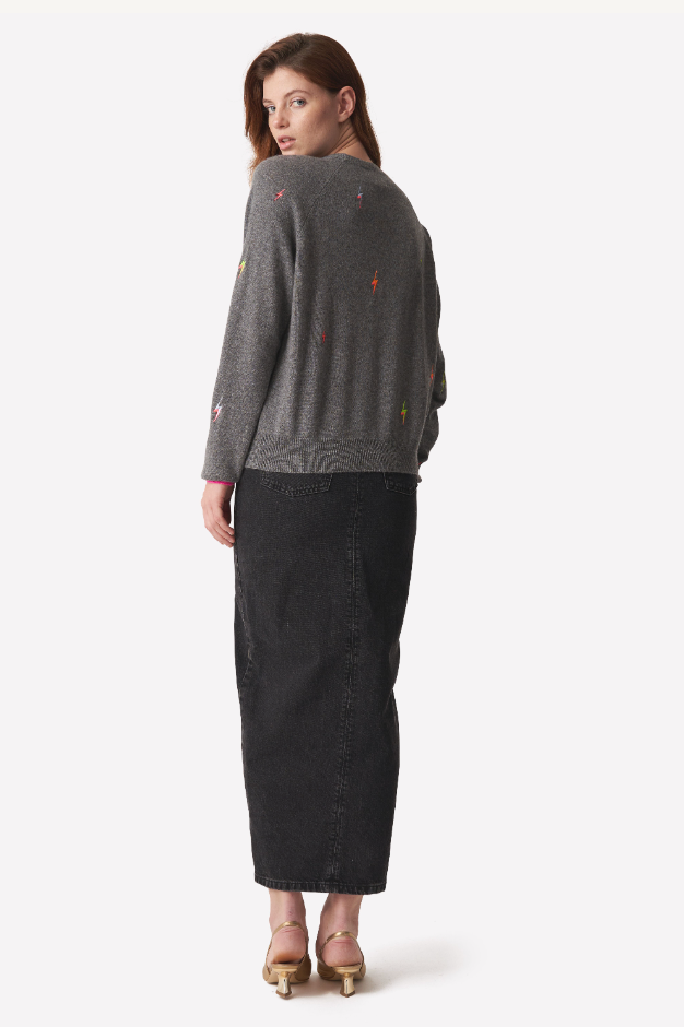 Brodie Cashmere - Women - Mid Grey/Embroidered Neon Lightning Bolt Mini Sweat