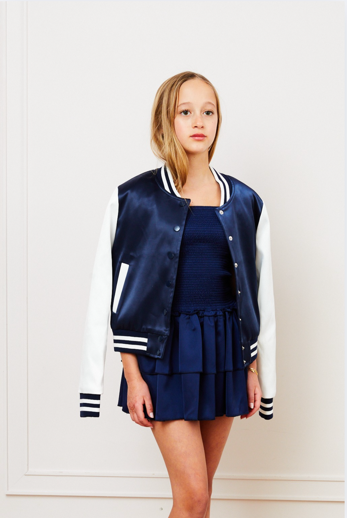 Theme - Tween - Navy & White Valley Satin Varsity Jacket