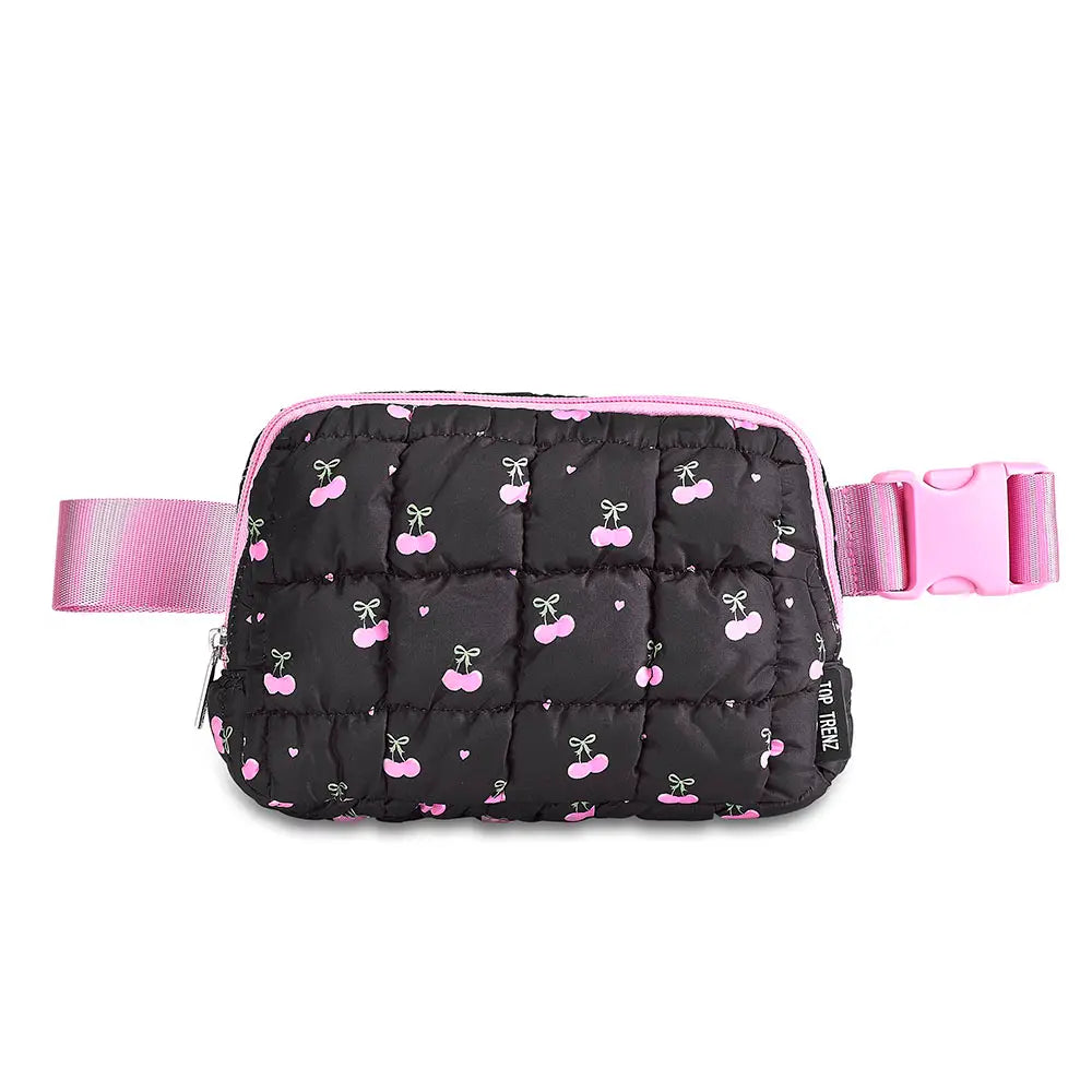 Top Trenz -   Black Scrunchie PufferBelt Bag Cherry Pattern