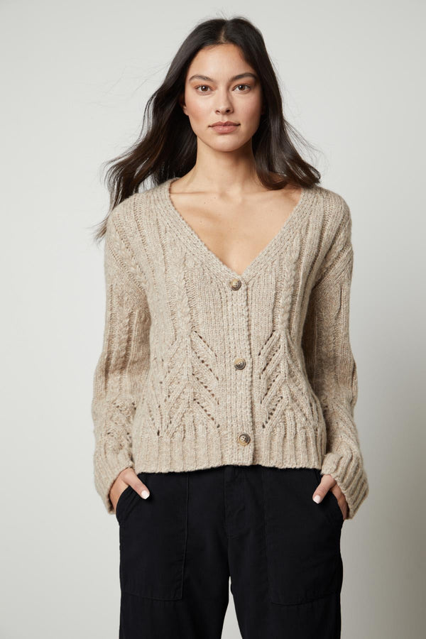 Velvet Tees - Women - Oatmeal Hazel Alpaca Cable Knit Cardigan