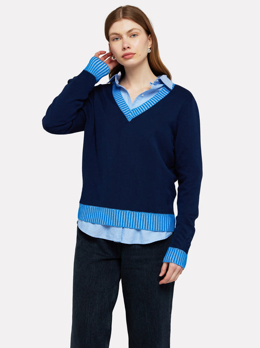 Brodie Cashmere - Women - Multi Blue Plaited Trims V Neck